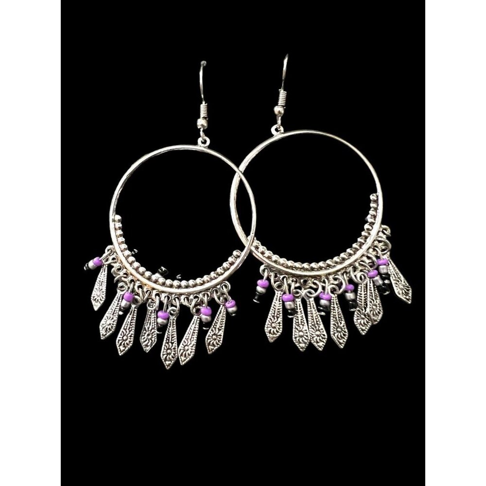 Silver Round Drop Dangle Earrings w Silver Spikes & Purple Beads
